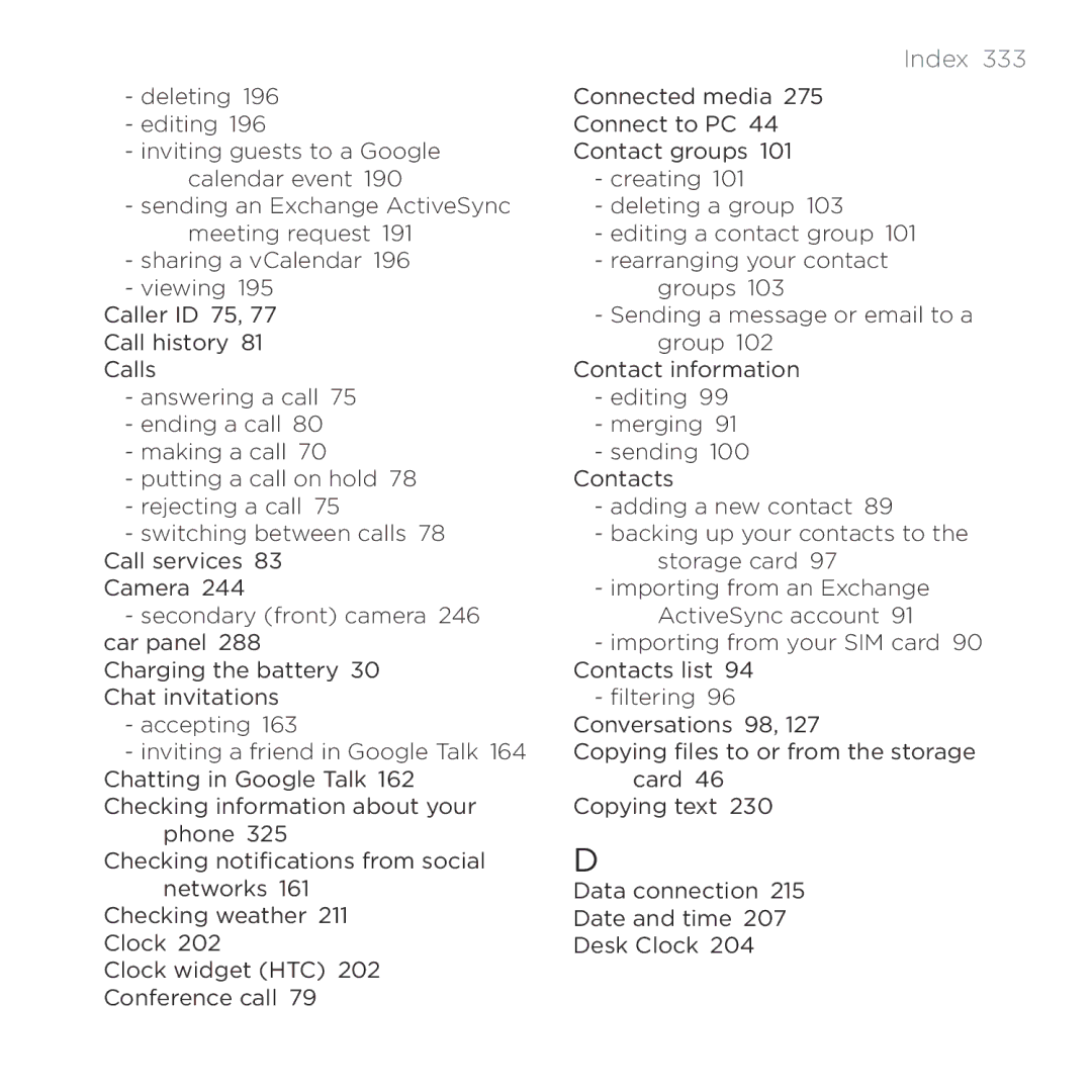 HTC Thunderbolt manual Index  